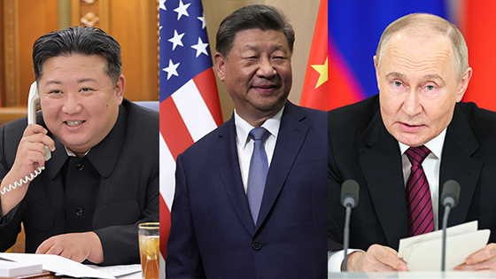 Leaders of North Korea, China and Russia are seen in this composite file photo. From left: North Korean leader Kim Jong-un, Chinese President Xi Jinping and Russian President Vladimir Putin [KOREAN CENTRAL NEWS AGENCY/REUTERS/TASS/YONHAP]