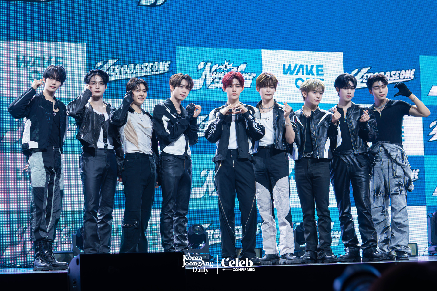 Boy band ZeroBaseOne poses for photos during a showcase for the release of its first full-length album, “Never Say Never,” at the Blue Square in central Seoul on Sept 1. [DANIELA GONZALEZ PEREZ]