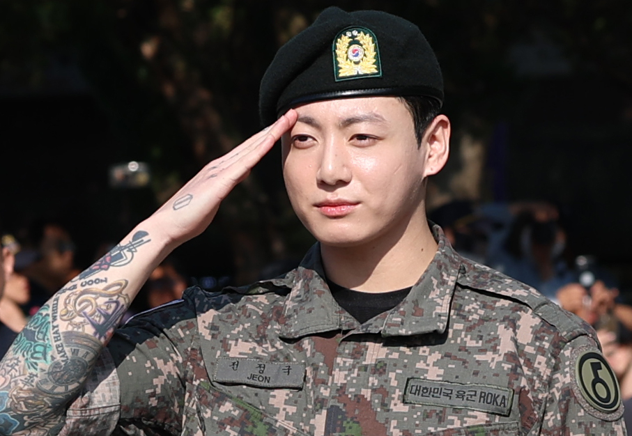 BTS member Jungkook gets discharged from the military in Yeoncheon County, Gyeonggi, on June 11. [NEWS1]