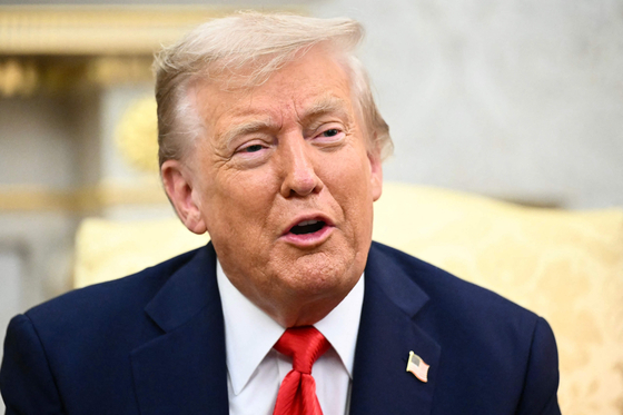 U.S. President Donald Trump speaks to the press during a bilateral meeting with President Lee Jae Myung in the Oval Office of the White House in Washington on Aug. 25. [AFP/YONHAP] 