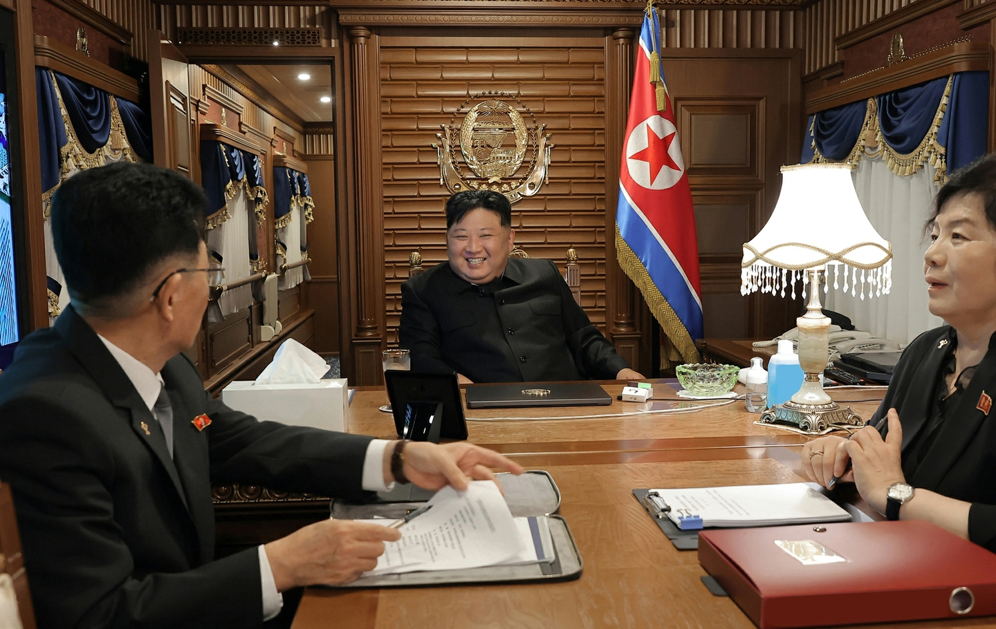 North Korean leader Kim Jong-un, center, on Sept. 1 leaves for China to attend the Victory Day parade set to take place on Sept. 3. [RODONG SINMUN]