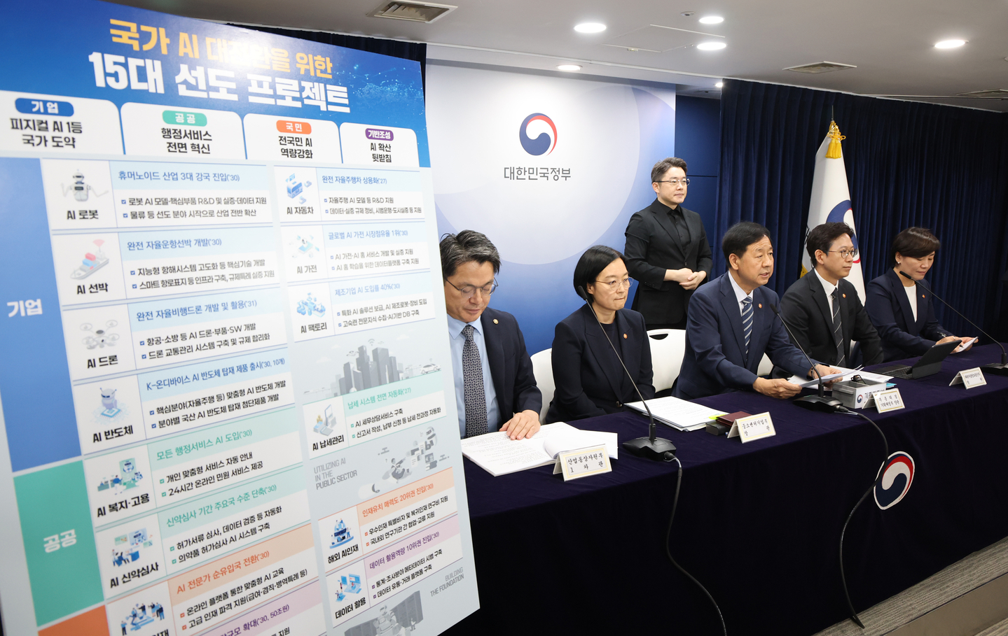 Deputy Prime Minister and Minister of Economy and Finance Koo Yun-cheol announces the 15 leading projects for national AI transformation during a joint briefing with related ministries at the government complex in Jongno District, central Seoul, on Aug.22. [NEWS1]