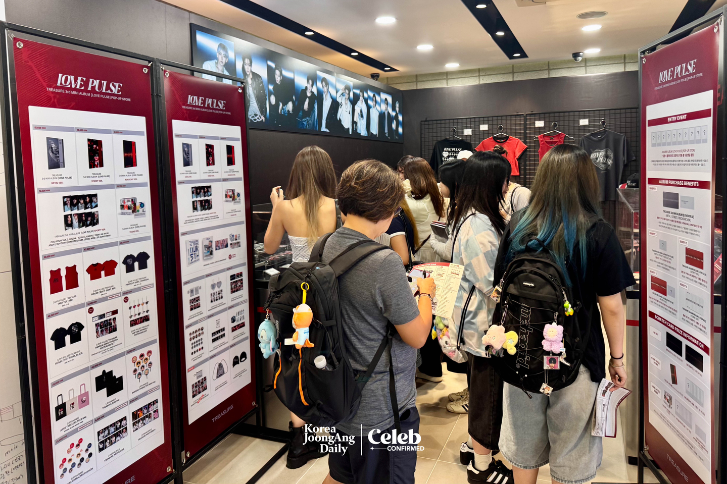 Merchandise at Treasure’s pop-up store for its new album “Love Pulse” at Star Square in western Seoul. [DANIELA GONZALEZ PEREZ]