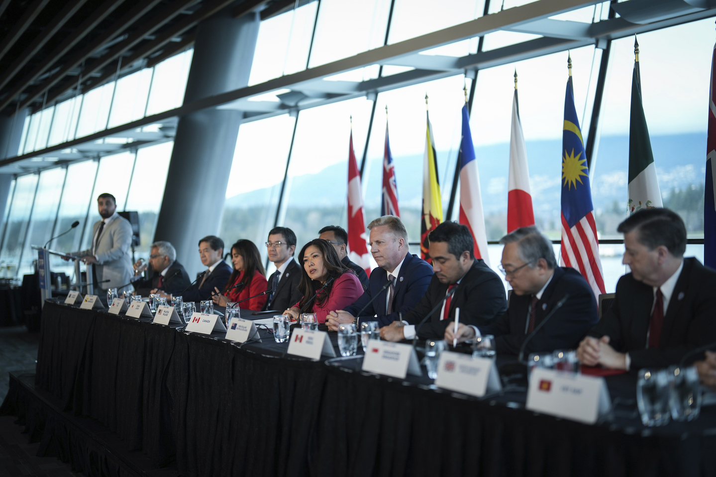 Canadian Minister of Export Promotion, International Trade and Economic Development Mary Ng, center left, speaks during the closing news conference at the Comprehensive and Progressive Agreement for Trans-Pacific Partnership commission meeting in Vancouver, Canada, on Nov. 28, 2024. [AP/YONHAP]