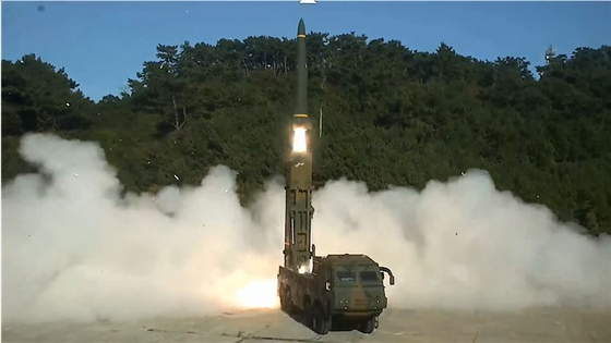 A Hyunmoo-II surface-to-surface missile, a centerpiece of the Korea Massive Punishment and Retaliation system, is launched during a live-fire drill in this file photo from Nov. 8, 2024. [JOINT CHIEFS OF STAFF]