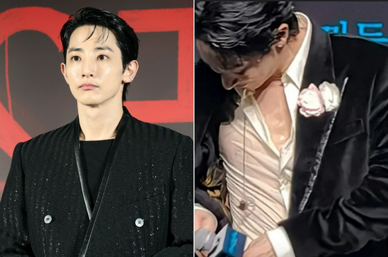 Actor Lee Soo-hyuk, left, seemingly drenched in sweat during an event with fans in China on Aug. 30 [NEWS1, SCREEN CAPTURE]