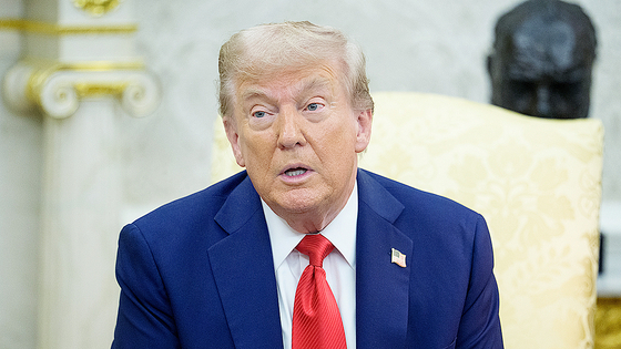 U.S. President Donald Trump gives remarks during a bilateral meeting with Polish President Karol Nawrocki in the Oval Office of the White House in Washington on Sept. 3. [EPA/YONHAP]