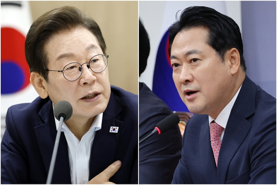 President Lee Jae Myung, left, and People Power Party Chair Jang Dong-hyeok are pictured in this photo filed on Aug. 28. [JOINT PRESS CORPS] 