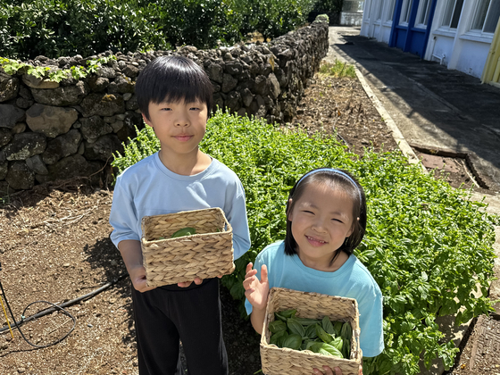 Siblings Kim Geon-hu, left, and Kim A-rang, who came to Changcheon Elementary School in Jeju through the rural school exchange program, hold up basil picked from the school garden on Aug. 28. [CHOI CHOONG-IL]
