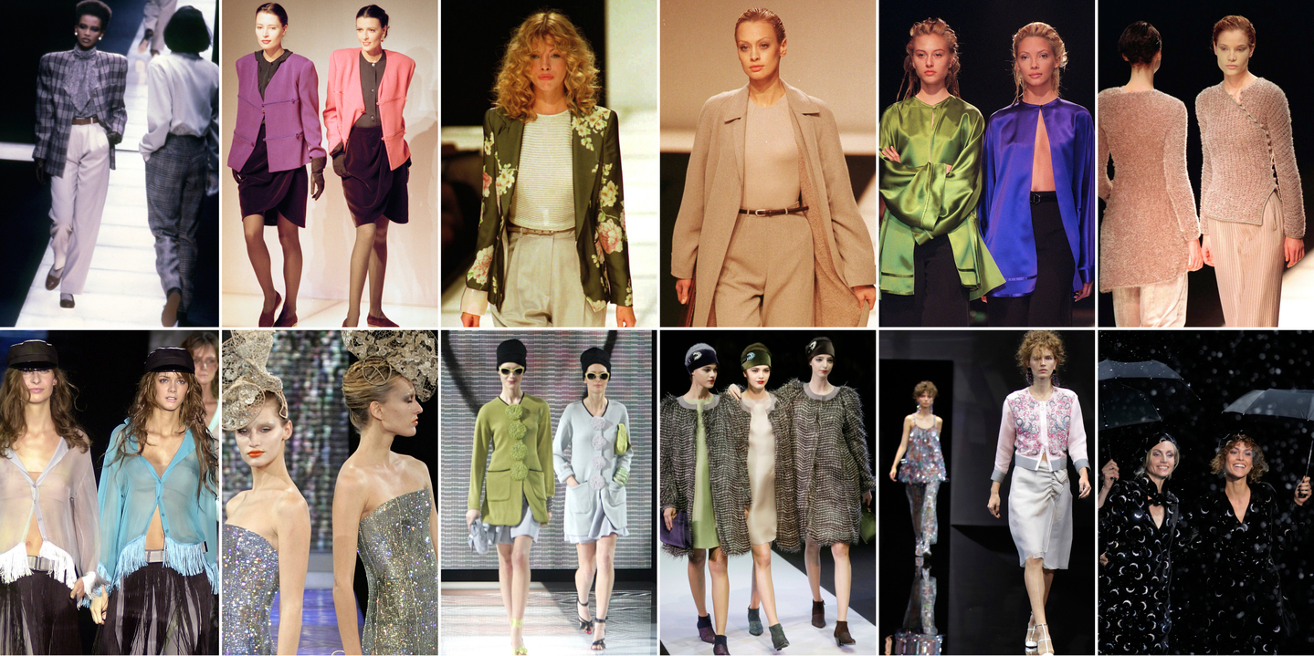 This photo combination shows a look back at some of Giorgio Armani's work in fashion from 1985-2024 [AP/YONHAP]