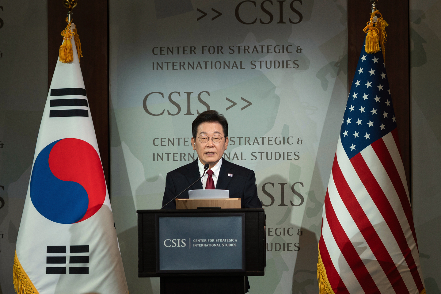 President Lee Jae Myung speaks at the Center for Strategic and International Studies in Washington on Aug. 25. [AP/YONHAP] 