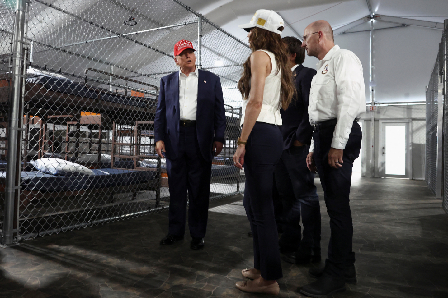 U.S. President Donald Trump and U.S. Homeland Security Secretary Kristi Noem visit a temporary migrant detention center informally known as ″Alligator Alcatraz″ in Ochopee, Florida, on July 1. [REUTERS/YONHAP]
