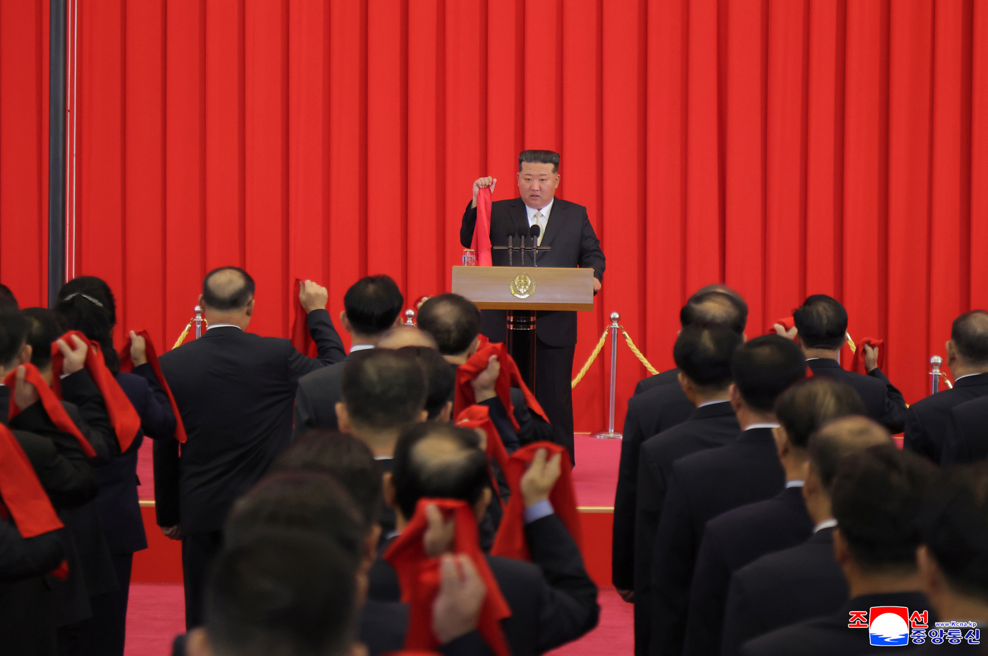 This Korean Central News Agency photo, released on Sept. 10, shows North Korean leader Kim Jong-un standing behind the podium during a national founding day ceremony the previous day. [YONHAP]