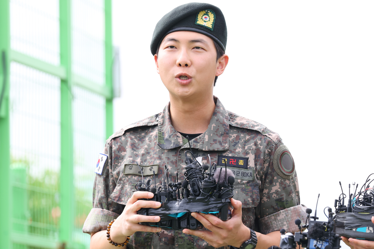 BTS member RM is discharged from the Army in Chuncheon, Gangwon, on June 10. [YONHAP]