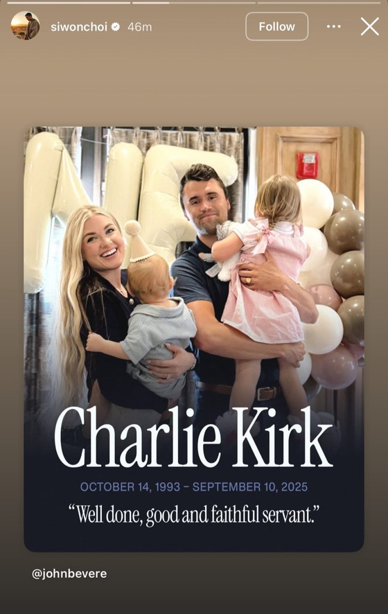 Super Junior's Choi Si-won uploaded a post commemorating Charlie Kirk on his Instagram on Sept. 11. [SCREEN CAPTURE]