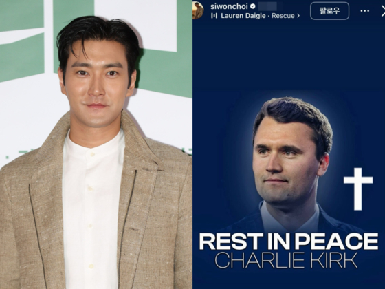 Left: Singer and actor Choi Si-won of boy band Super Junior. Right: A post commemorating Charlie Kirk, uploaded by Choi on Instagram on Sept. 11 [YONHAP, SCREEN CAPTURE]