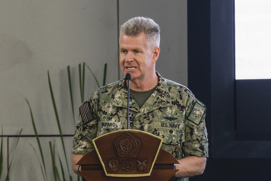 Commander of United States Indo-Pacific Command Admiral Samuel Paparo delivers his speech during the opening ceremony of the Super Garuda Shield 2025 joint military exercise at the Navy Staff and Command School in Jakarta, Indonesia on Aug. 25. [EPA/YONHAP]