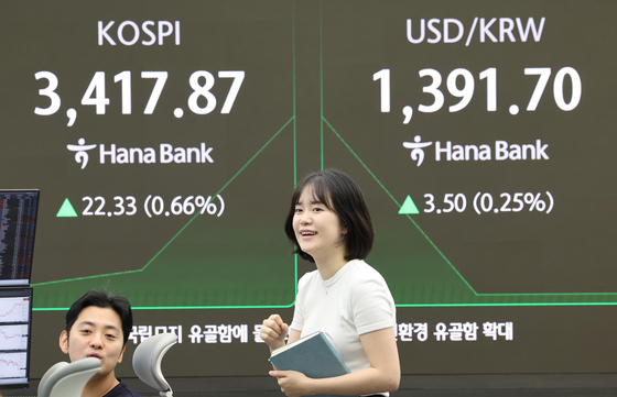 An image showing the Kospi starting above the 3,400 level on the morning of Sept. 15, continuing its four-day record rally. [YONHAP]