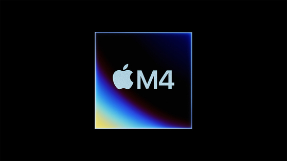 A Apple M4 chip badge that is powering the new iPad Pro's during an Apple virtual event in Cupertino, California, May 7, 2024. [EPA/YONHAP]
