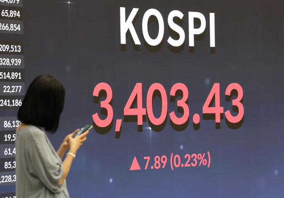 Korea's main stock market Kospi closes above the 3,400 level on Sept. 15. [YONHAP]