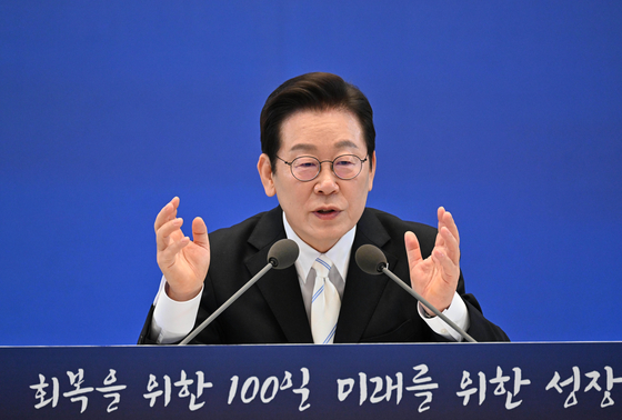 President Lee Jae Myung speaks during a press conference at the Blue House in central Seoul on Sept. 11. [JOINT PRESS CORPS] 