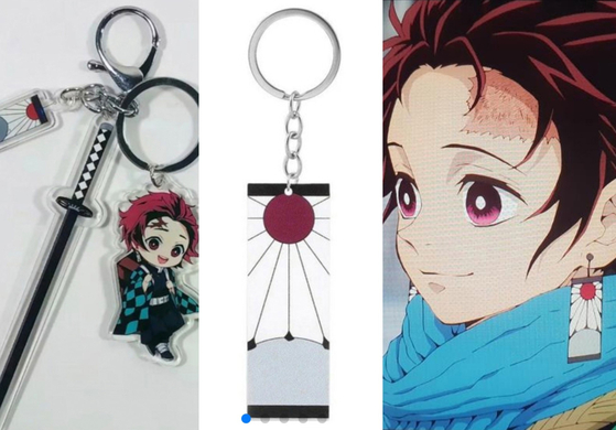 Merchandise for the manga series "Demon Slayer: Kimetsu no Yaiba" featuring the Rising Sun flag are sold on Korean online marketplaces as seen in this photo provided by Seo Kyoung-duk, a professor at Sungshin Women’s University. [SEO KYOUNG-DUK]