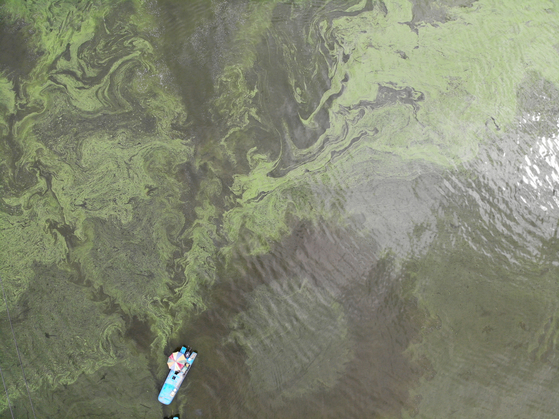 Fishing boats mobilized to suppress algal blooms in the upper reaches of Soyang Lake are seen causing waves on the riverbank [CHON KWON PIL]