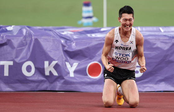 Woo Sang-hyeok of Korea reacts during the men's high jump final at the 2025 World Athletics Championships in Tokyo on Sept. 16. [XINHUA/YONHAP]