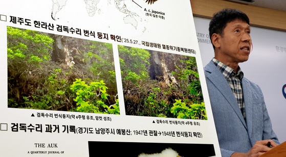 A National Institute of Ecology speaks during a press conference on the discovery of golden eagle nests in Mount Halla at the government complex in Sejong on Sept. 16. [YONHAP] 