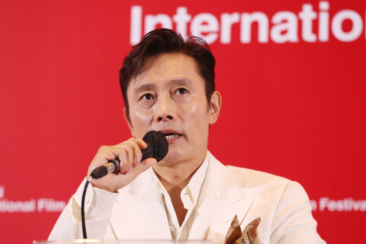 Actor Lee Byung-hun speaks during a press conference for director Park Chan-wook's film ″No Other Choice″ held at the Busan Cinema Center in Haeundae District on Sept. 17. The film was selected as the opener for this year's Busan International Film Festival. [YONHAP]