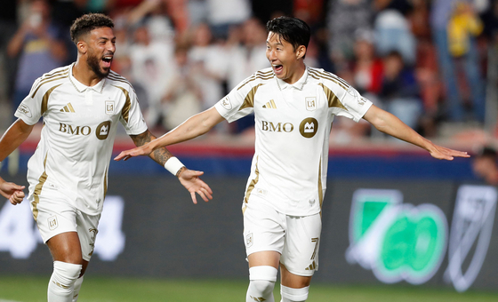 Los Angeles FC forward Son Heung-min, right, celebrates scoring during an MLS match against Real Salt Lake at America First Field in Sandy, Utah on Sept. 17. [AFP/YONHAP] 
