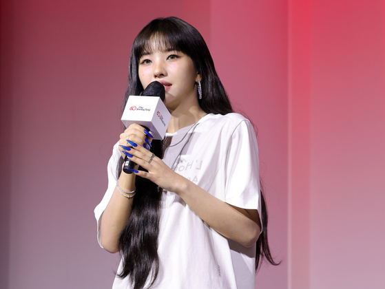 Girl group i-dle's leader and producer Jeon So-yeon speaks during the JoongAng 60th Anniversary Global Media Conference held at the Lotte Hotel in central Seoul on Sept. 18. [JOONGANG ILBO]