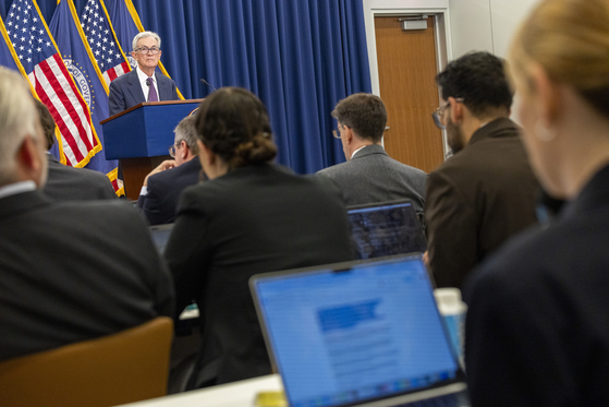 U.S. Federal Reserve Chairman Jerome Powell responds to a question from the news media during a press conference, in Washington on Sept. 17. [EPA/YONHAP]