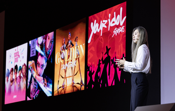 Maggie Kang, director of ″KPop Demon Hunters,″ speaks during the JoongAng 60th Anniversary Global Media Conference held at the Lotte Hotel in central Seoul on Sept. 18. [JOONGANG ILBO]