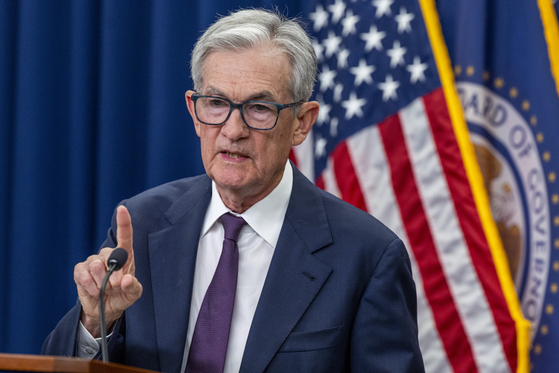 U.S. Federal Reserve Chairman Jerome Powell responds to a question from the news media during a press conference, in Washington on Sept. 17. [EPA/YONHAP] 
