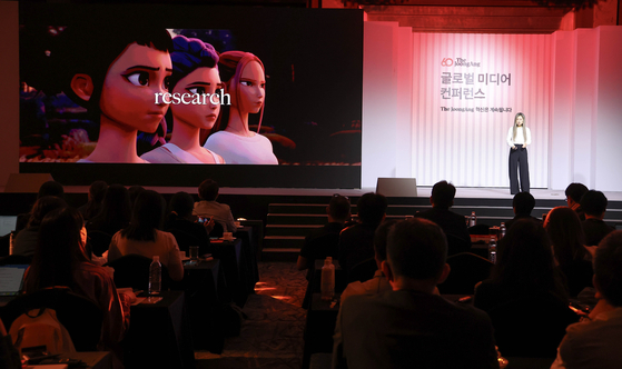 Maggie Kang, director of ″KPop Demon Hunters,″ speaks during the JoongAng 60th Anniversary Global Media Conference held at the Lotte Hotel in central Seoul on Sept. 18. [JOONGANG ILBO]