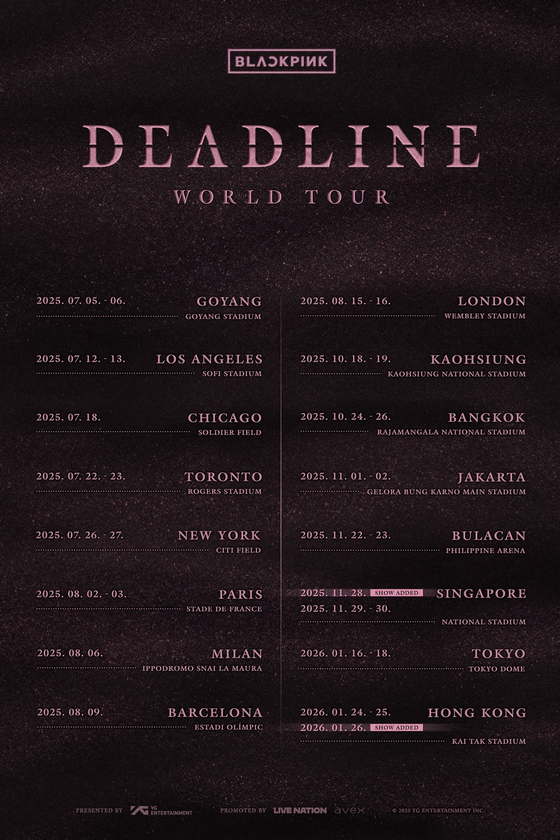 A poster announcing additional tour dates for girl group Blackpink's ″Deadline″ tour [YG ENTERTAINMENT]