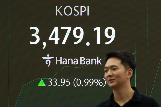 Korean bourse Kospi opens at 3,463.84, up 0.54 percent from the previous sesson and a record high on Sept. 22. A digital signage shows rising Kospi inside a trading room at the Hana Bank main branch in Jung District, central Seoul. [YONHAP]