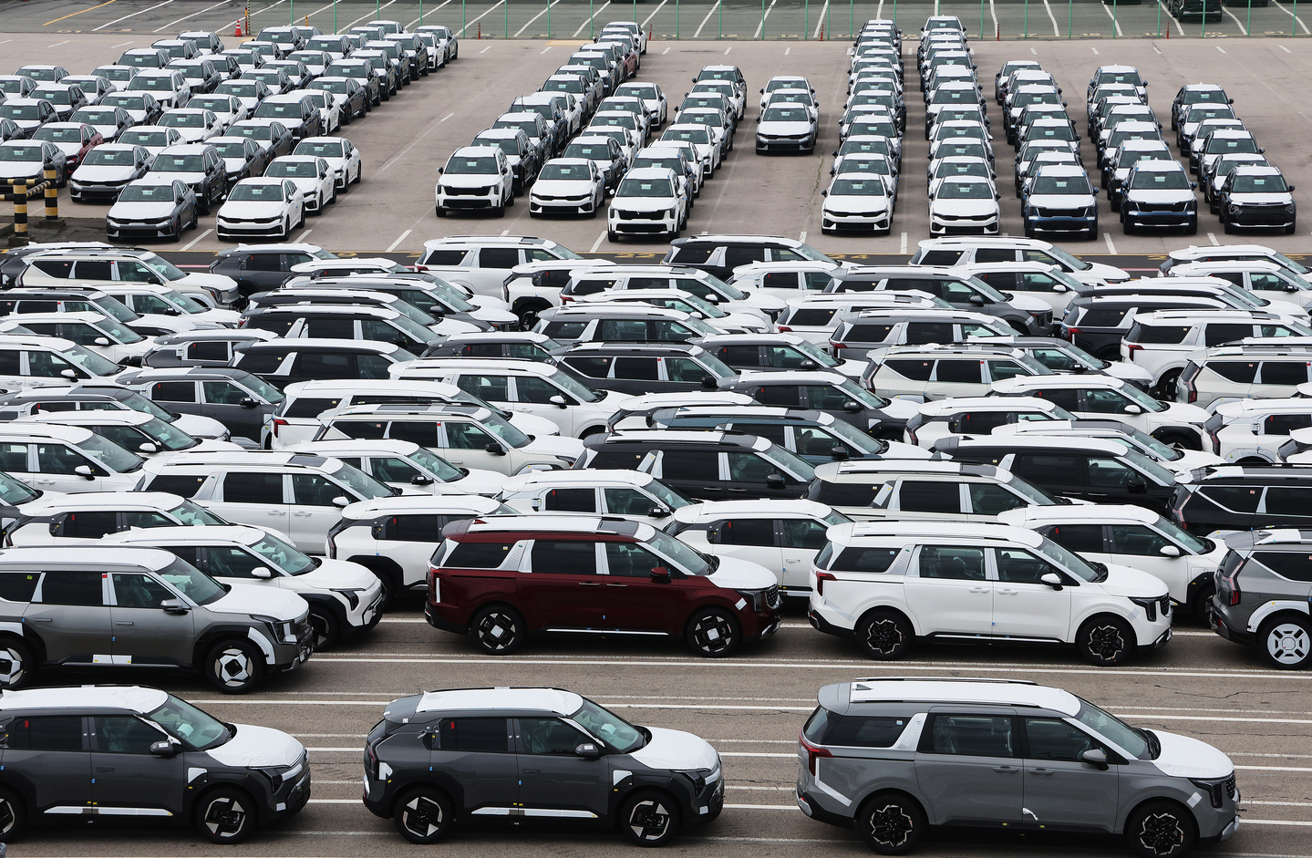 Cars ready for export are parked at a port in Pyeongtaek, Gyeonggi, on Sept. 16. [YONHAP] 