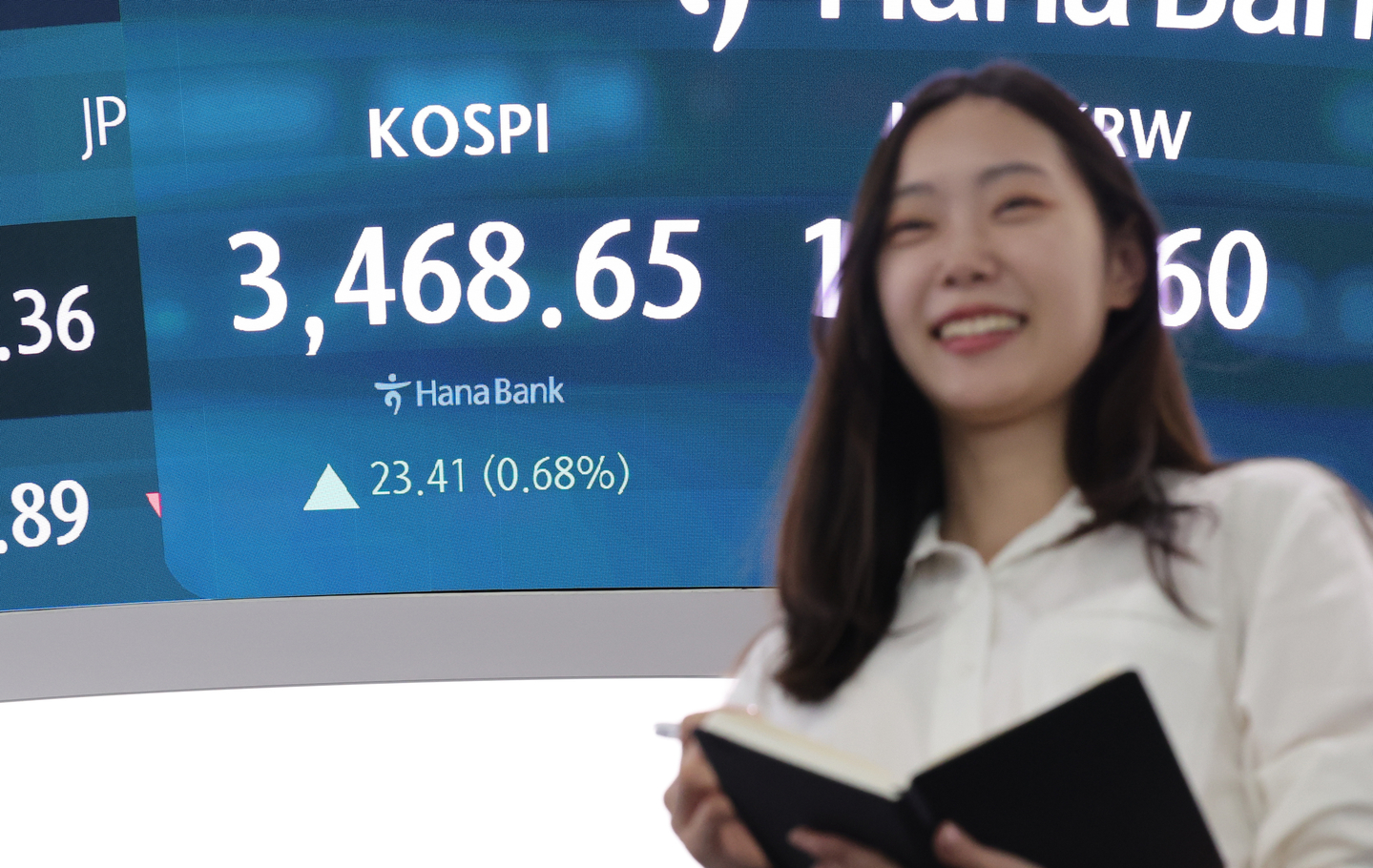 A screen in Hana Bank's trading room in central Seoul shows the Kospi closing at 3,468.65 points on Sept. 22, up 23.41 points, or 0.68 percent, from the previous trading session. [YONHAP]