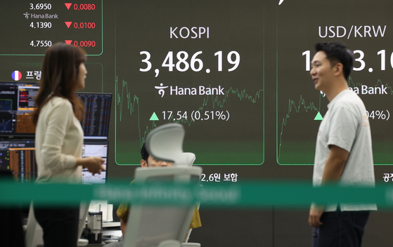 A screen in Hana Bank's trading room in central Seoul shows the Kospi closing at 3,486.19 points on Sept. 23, up 17.54 points from the previous session. [YONHAP] 
