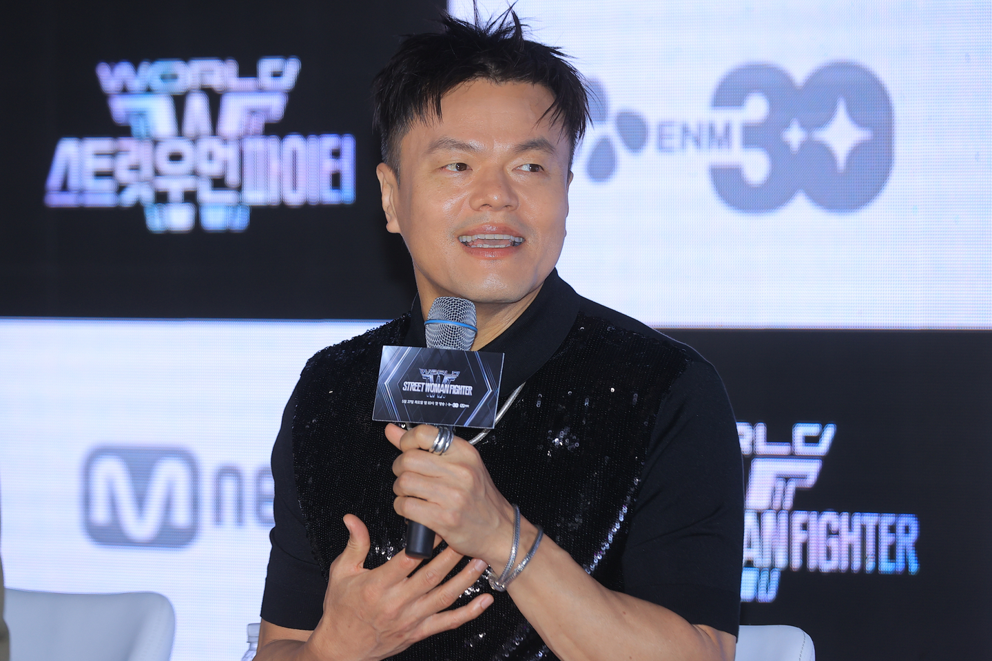Park Jin-young, founder and chief producer of JYP Entertainment, speaks during a press conference in southern Seoul on May 27. [YONHAP]