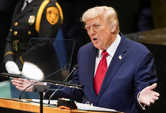 U.S. President Donald Trump addresses the 80th session of the United Nations General Assembly in New York on Sept. 23. [REUTERS/YONHAP]