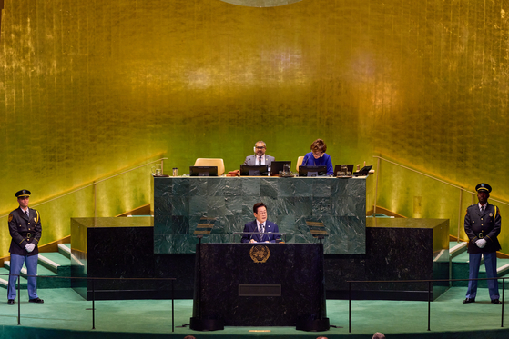 South Korean President Lee Jae Myung addresses the 80th session of the UN General Assembly at the United Nations headquarters in New York on Sept. 23. [JOINT PRESS CORPS]