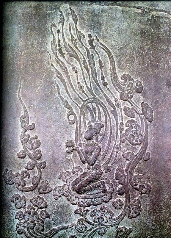 A bicheon, or a flying celestial maiden, is cast in relief on the surface of the Sacred Bell of King Seongdeok the Great, also known as the Emille Bell. [KOREA HERITAGE SERVICE]
