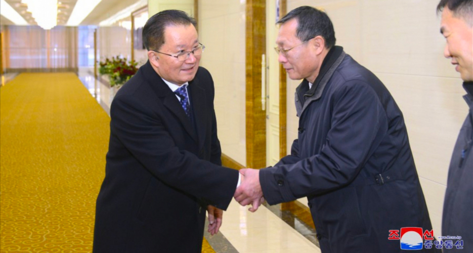 North Korean Vice Foreign Minister Kim Son-gyong, left, greets other officials before departing for the Non-Aligned Movement summit in January 2024. [KOREAN CENTRAL NEWS AGENCY]