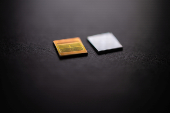 A highest-capacity, high-bandwidth 16-High HBM3E memory chip from SK hynix is seen in this studio photograph. [REUTERS/YONHAP]
