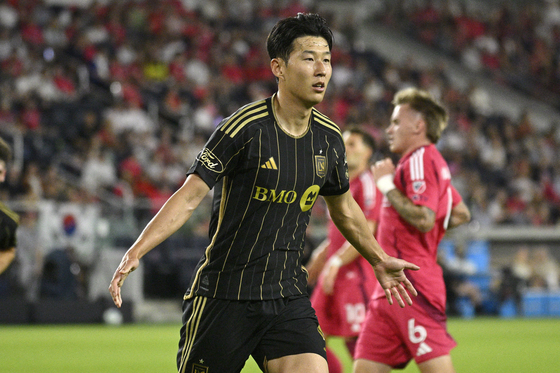 Los Angeles FC forward Son Heung-min celebrates scoring a goal against St. Louis City in the first half at Energizer Park in St. Louis, Missouri on Sept. 27. [REUTERS/YONHAP]