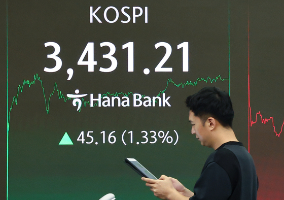 A screen in Hana Bank's trading room in central Seoul shows the Kospi closing at 3,431.21 points on Sept. 29, up 45.16 points, or 1.33 percent, from the previous trading session. [YONHAP]