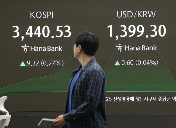 A screen in Hana Bank's trading room in central Seoul shows the Kospi opening on Sept. 30. [YONHAP]